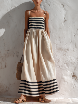 Vestido largo a rayas negras y beige con tirantes finos