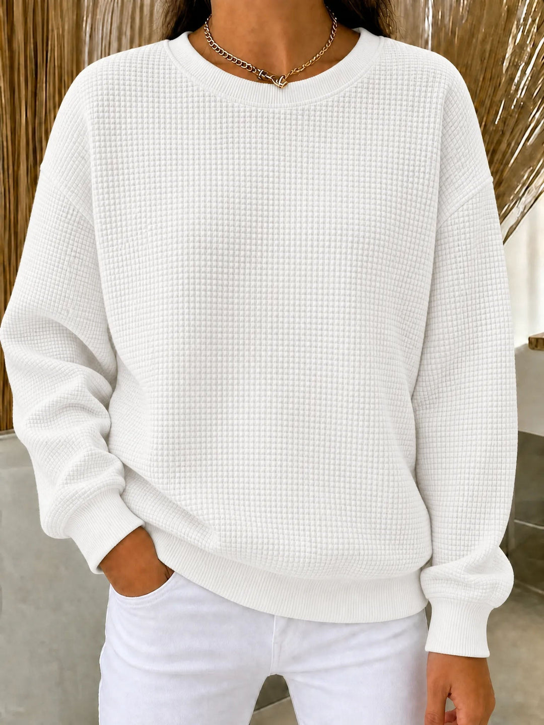 Lanyera jersey de punto gofre con cuello redondo en blanco
