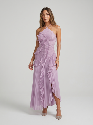 ARIADNA | VESTIDO LARGO PLISADO CON VOLANTES