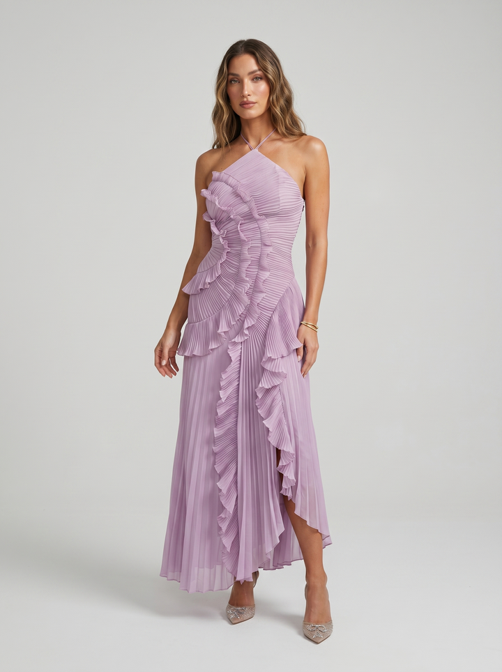 ARIADNA | VESTIDO LARGO PLISADO CON VOLANTES