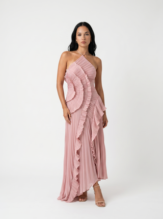 ARIADNA | VESTIDO LARGO PLISADO CON VOLANTES