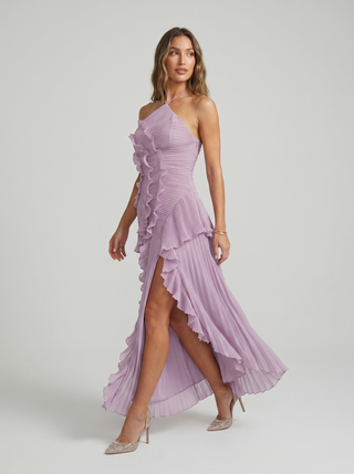 ARIADNA | VESTIDO LARGO PLISADO CON VOLANTES