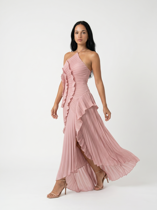 ARIADNA | VESTIDO LARGO PLISADO CON VOLANTES