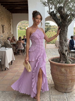 ARIADNA | VESTIDO LARGO PLISADO CON VOLANTES