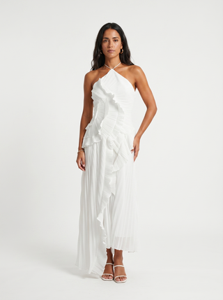 ARIADNA | VESTIDO LARGO PLISADO CON VOLANTES