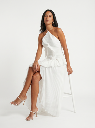 ARIADNA | VESTIDO LARGO PLISADO CON VOLANTES