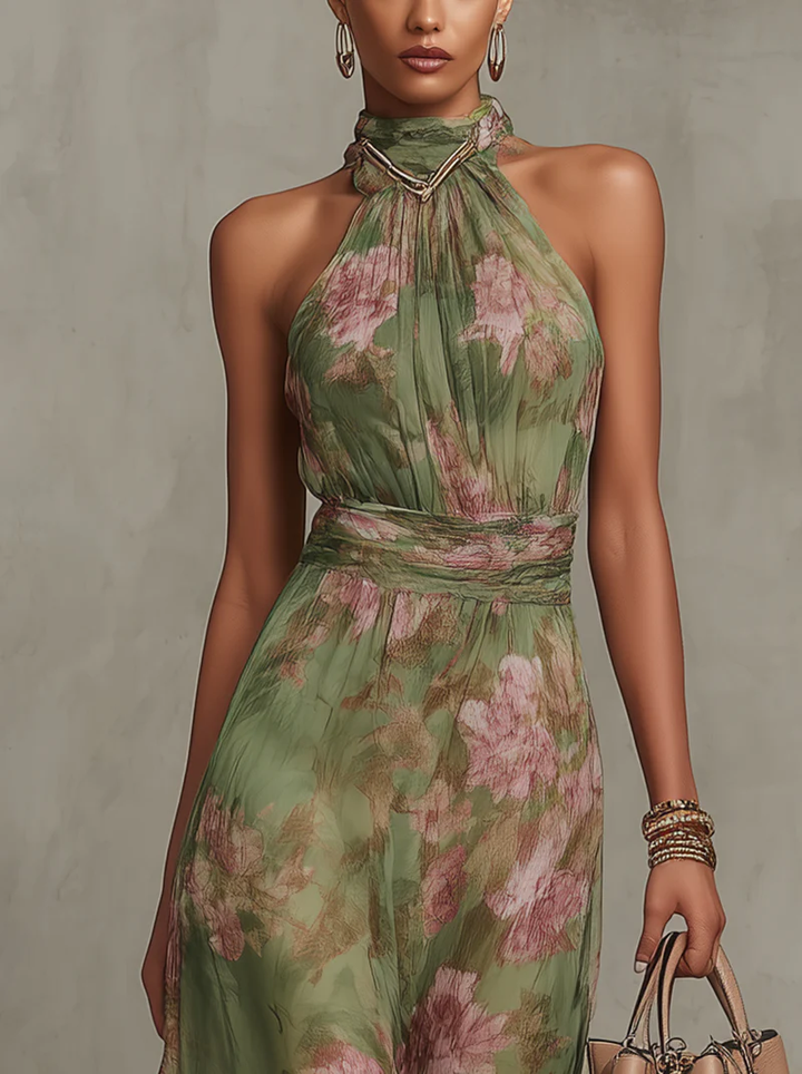 OLIVIA | VESTIDO LARGO CON CUELLO HALTER Y ESTAMPADO FLORAL