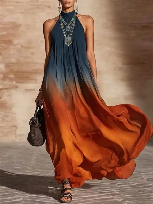 Vestido largo con cuello halter y corte en V degradado